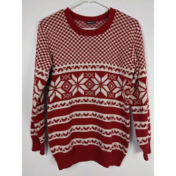 Bula Women's ski sweater Holiday wool jumper Red and white snowflakes SZ L - Picture 1 of 6